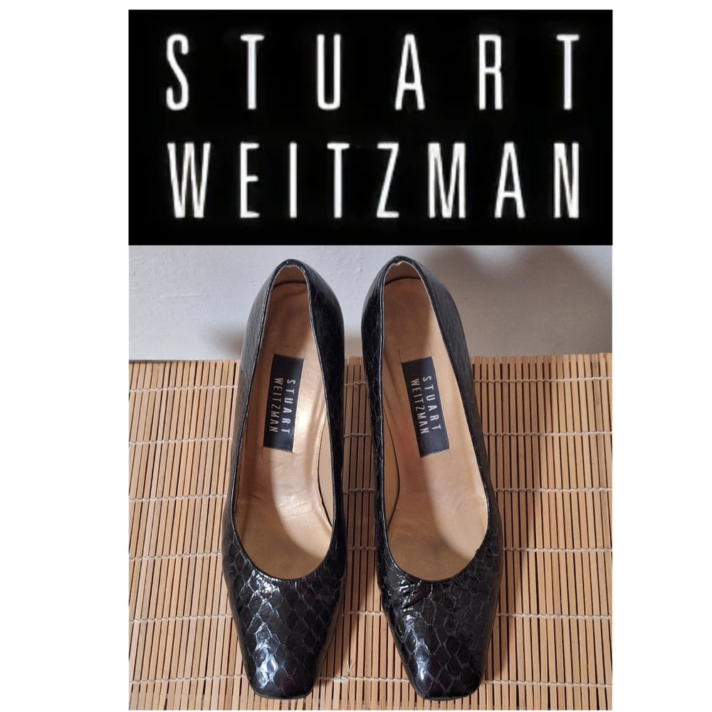 Stuart Weitzman Black Patent Leather Reptile Embossed Heels 8